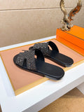 Hermès Black Textured H Slide Sandals — hero