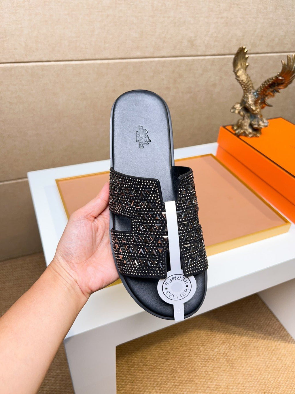 Hermès Black Textured H Slide Sandals — model