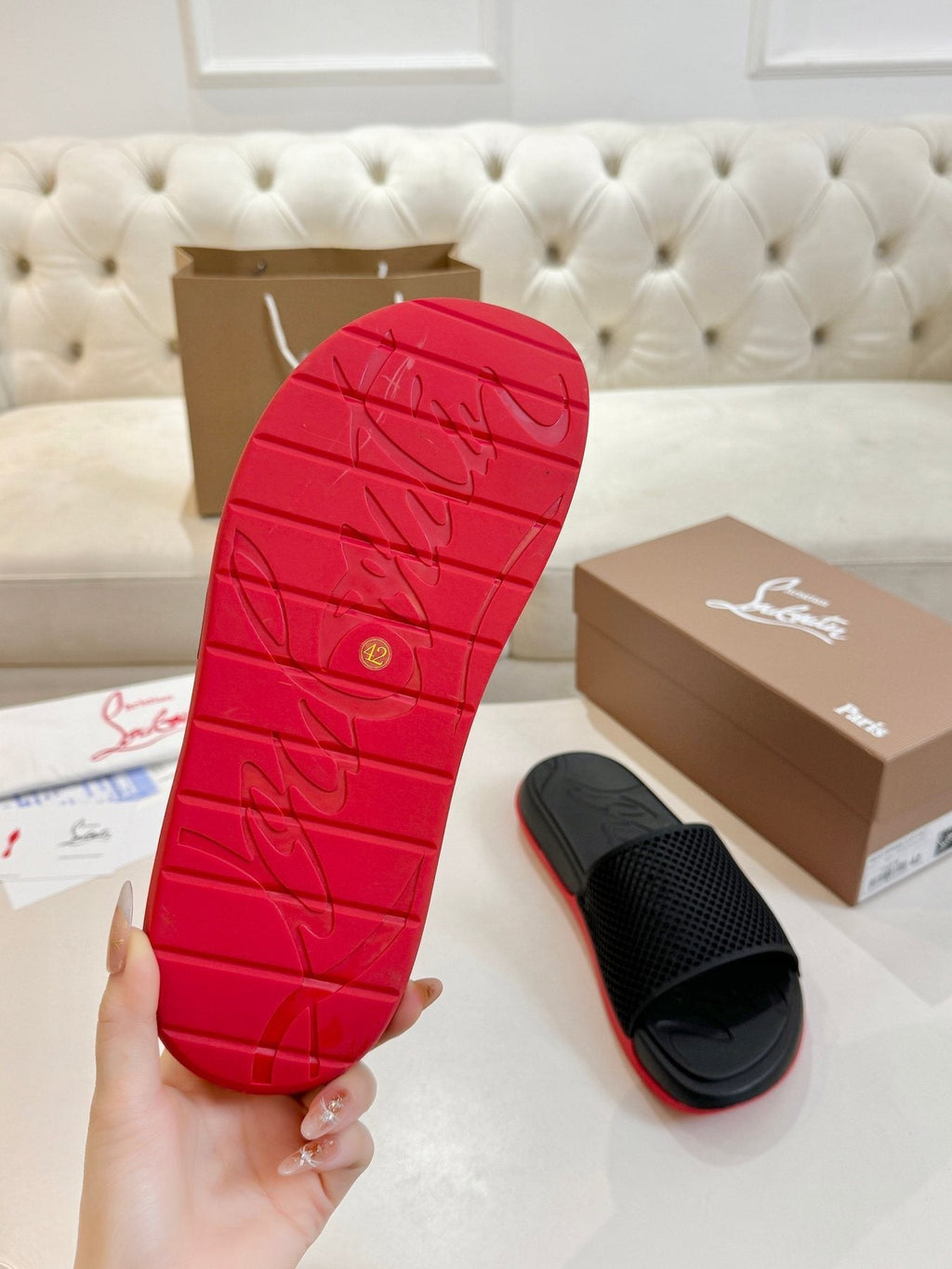 Christian Louboutin Black Red Sole Slide Sandals — detail