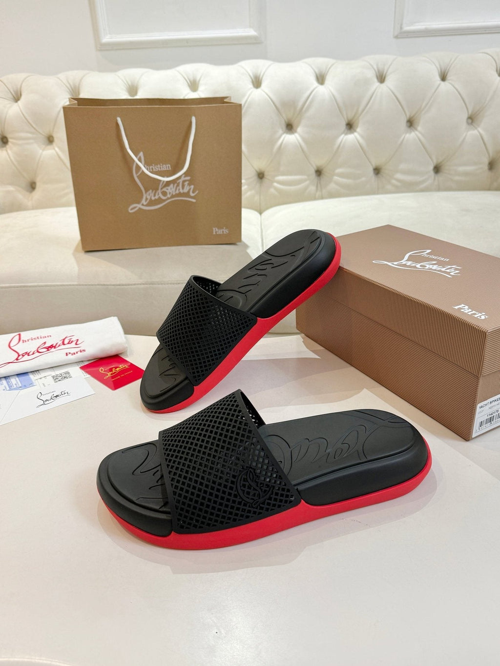 Christian Louboutin Black Red Sole Slide Sandals — side