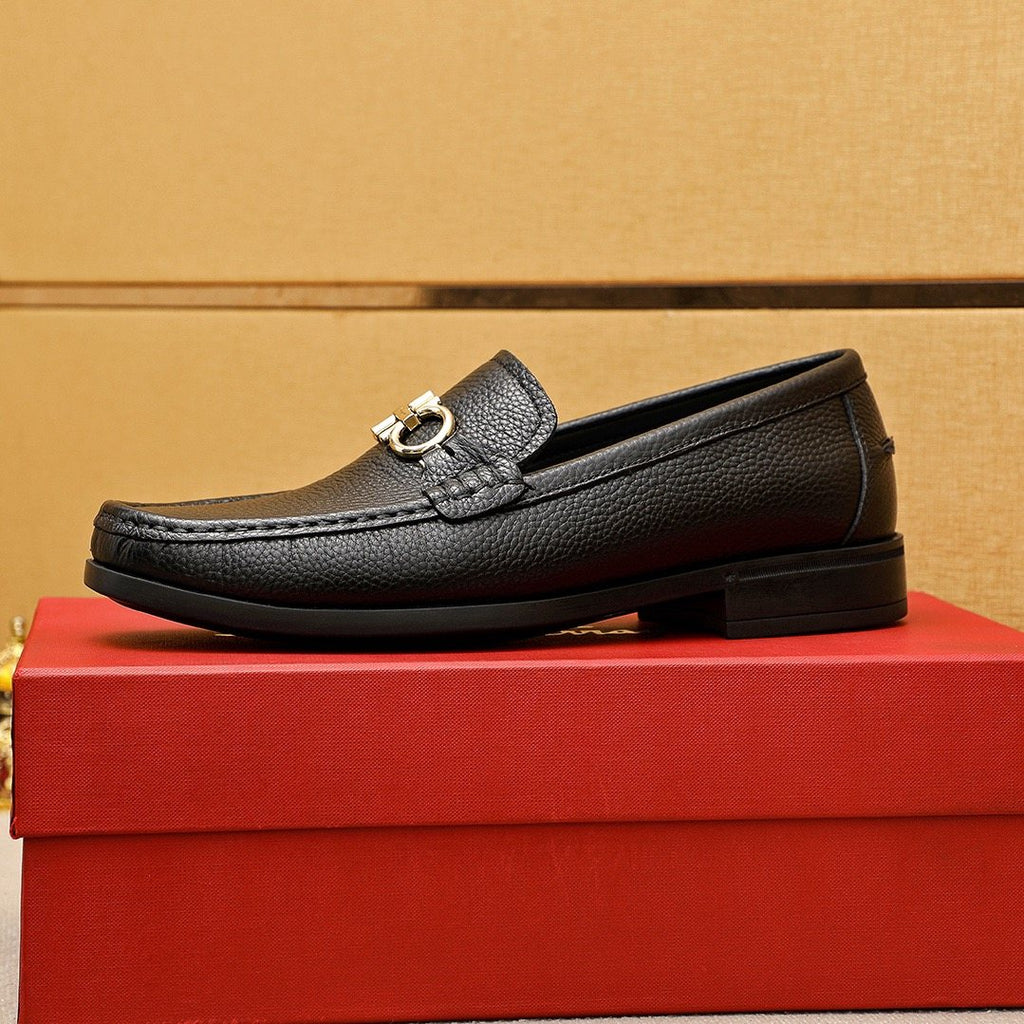 Ferragamo Black Textured Leather Loafers — side