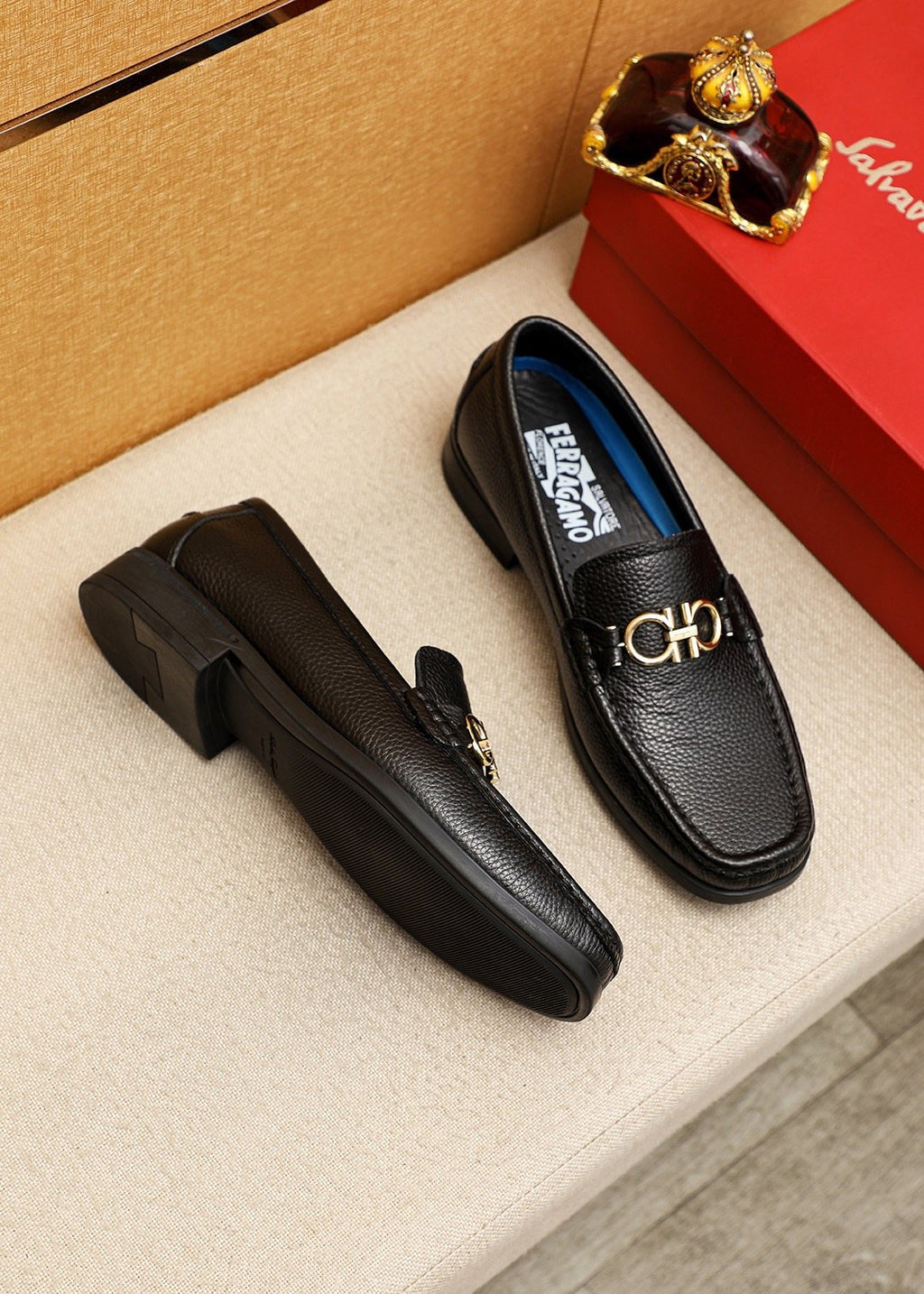 Ferragamo Black Textured Leather Loafers — front
