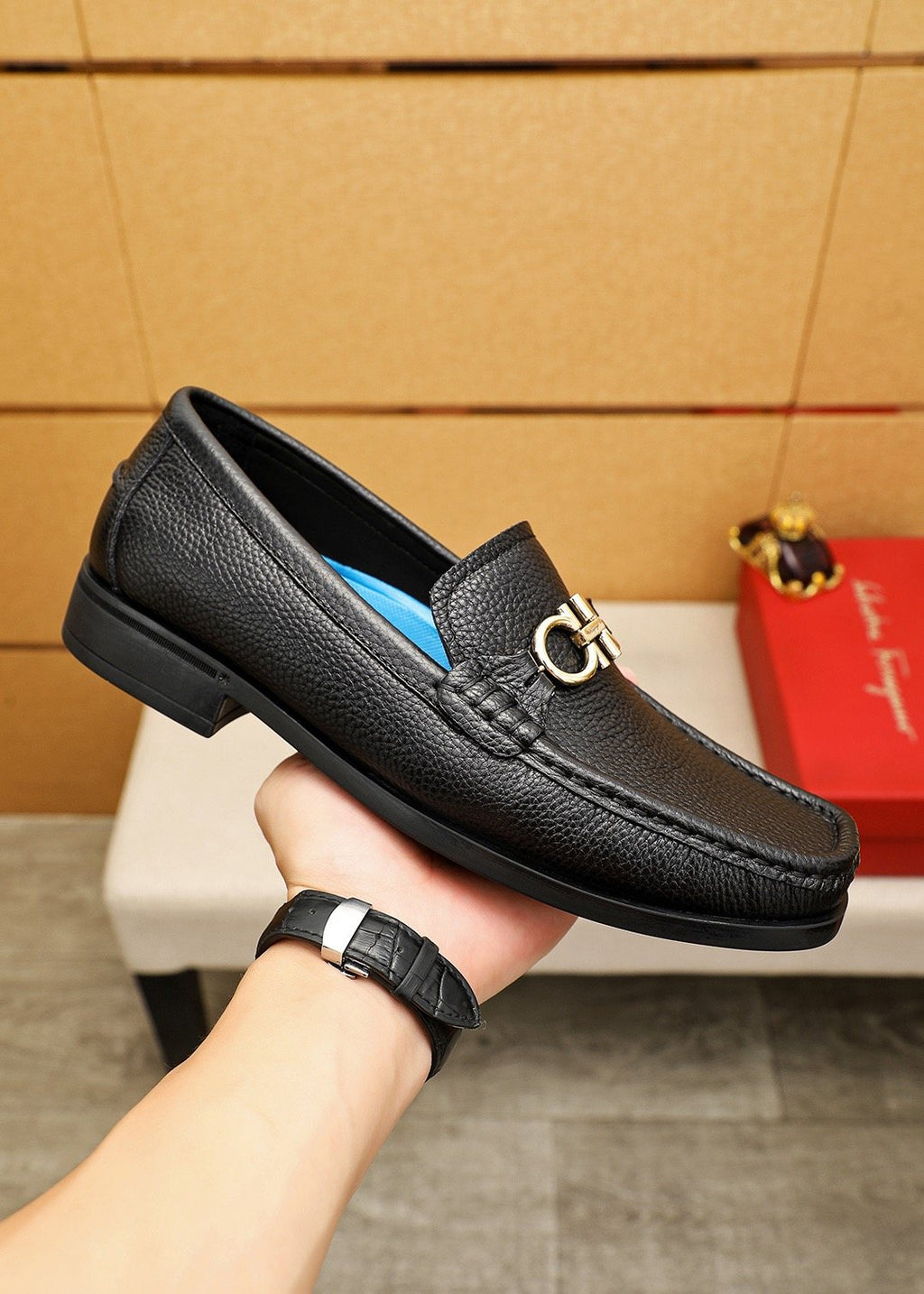 Ferragamo Black Textured Leather Loafers — model