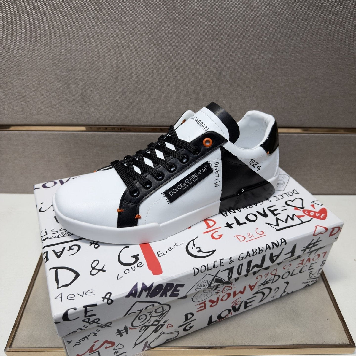 Dolce & Gabbana White Black Orange Low-Top Sneakers — side