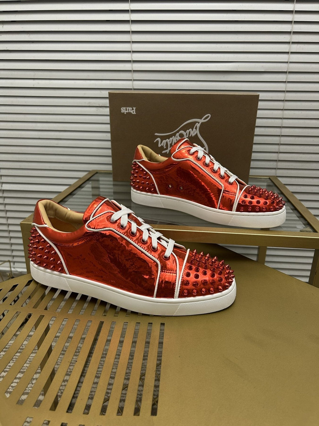 Christian Louboutin Metallic Red Studded Sneakers — side