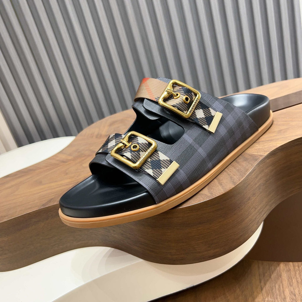 Burberry Black Plaid Two-Strap Slide Sandals — side