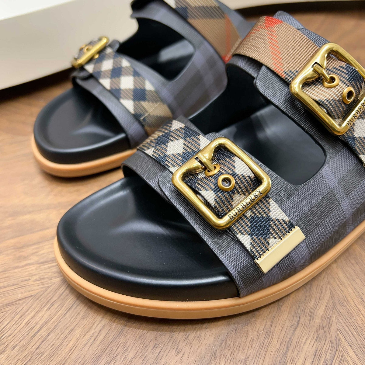 Burberry Black Plaid Two-Strap Slide Sandals — detail