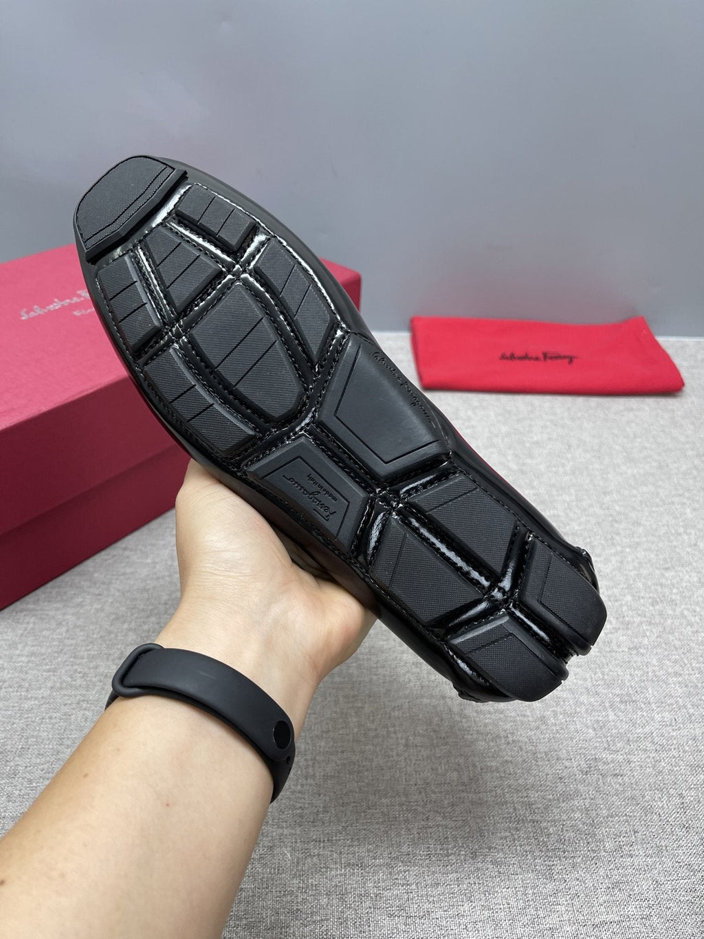 Ferragamo Black Buckle Driving Loafers — detail