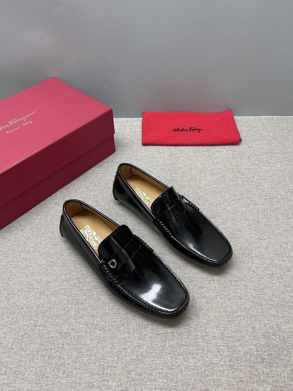 Ferragamo Black Buckle Driving Loafers — hero