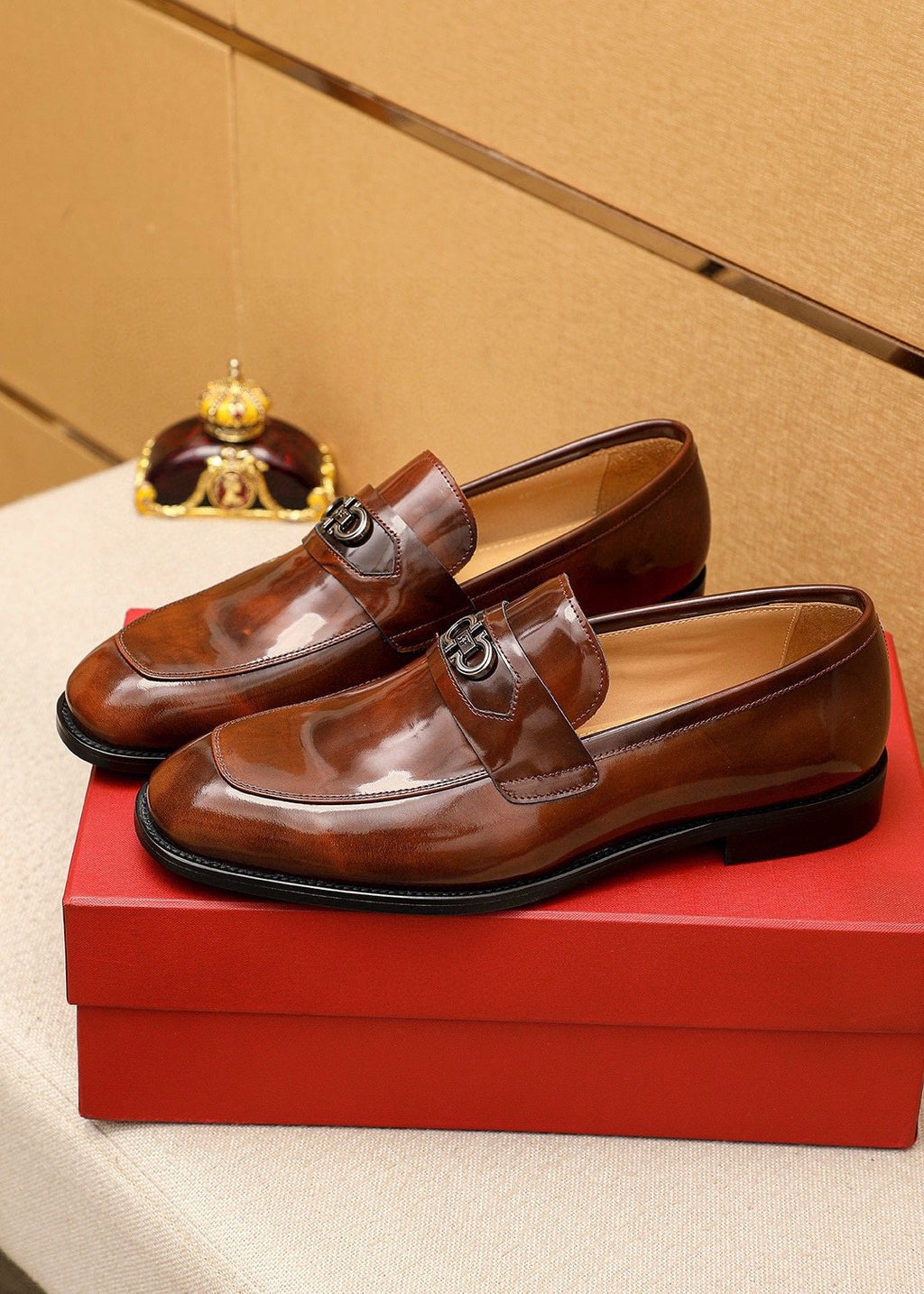 Ferragamo Brown Leather Metal-Detail Loafers — model