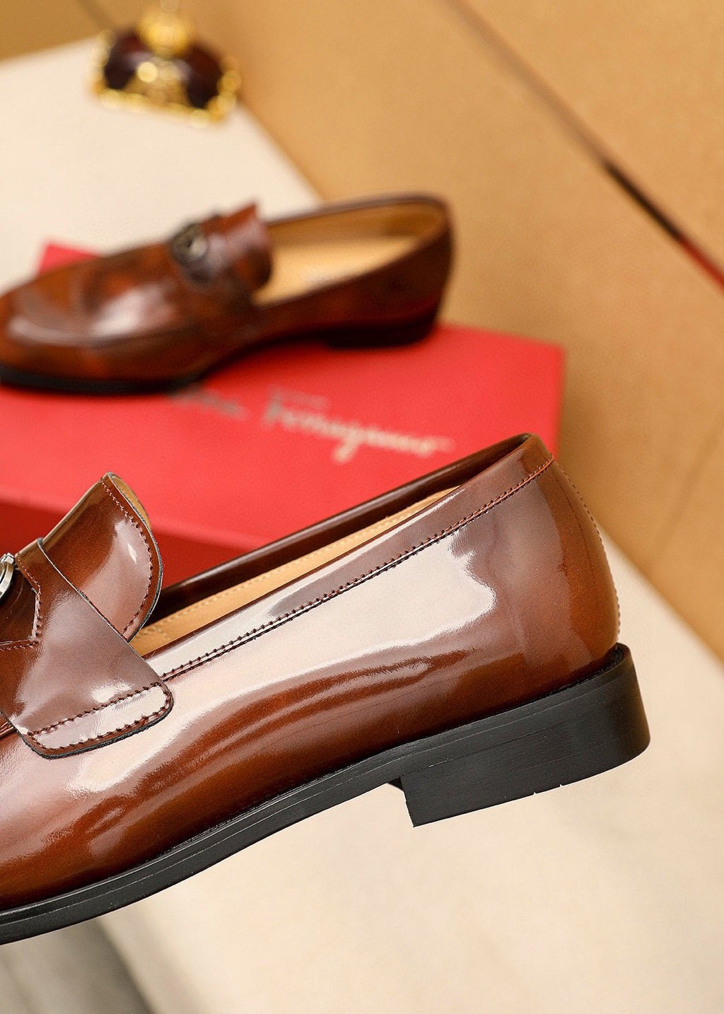 Ferragamo Brown Leather Metal-Detail Loafers — back