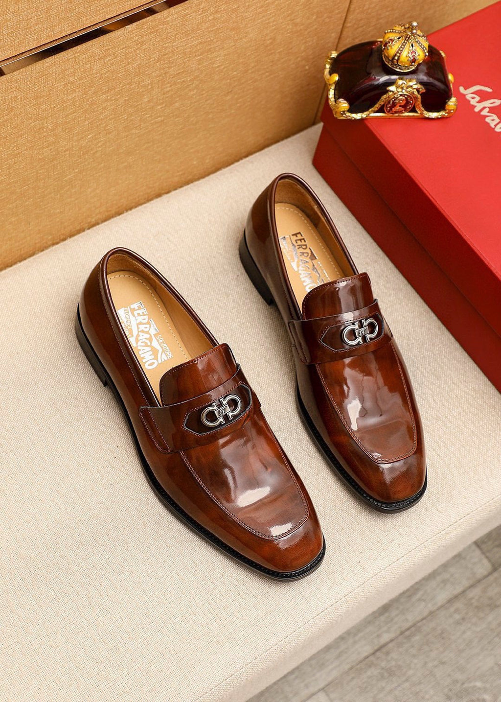 Ferragamo Brown Leather Metal-Detail Loafers — hero