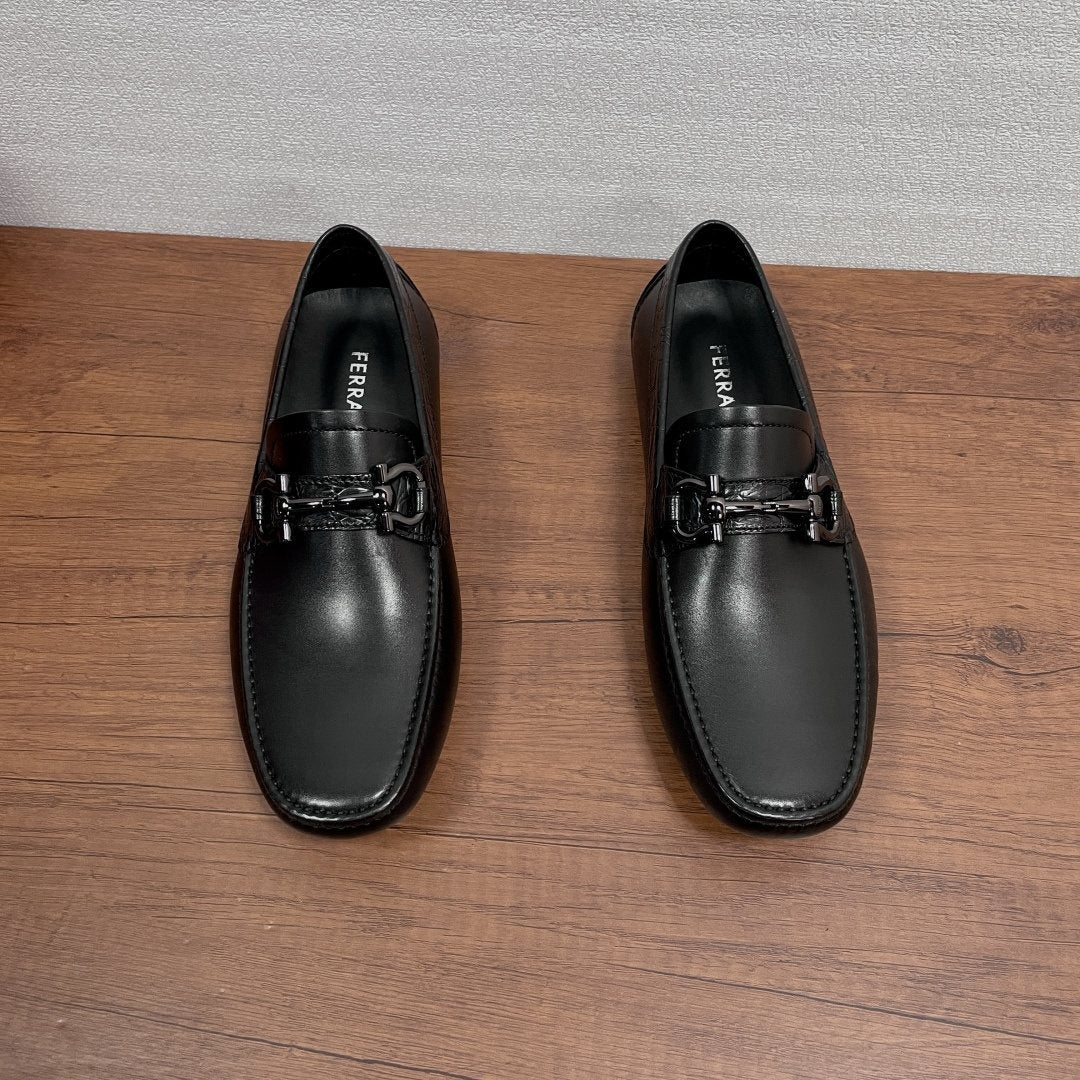 FERRAGAMO Black Horsebit Driving Loafers — front