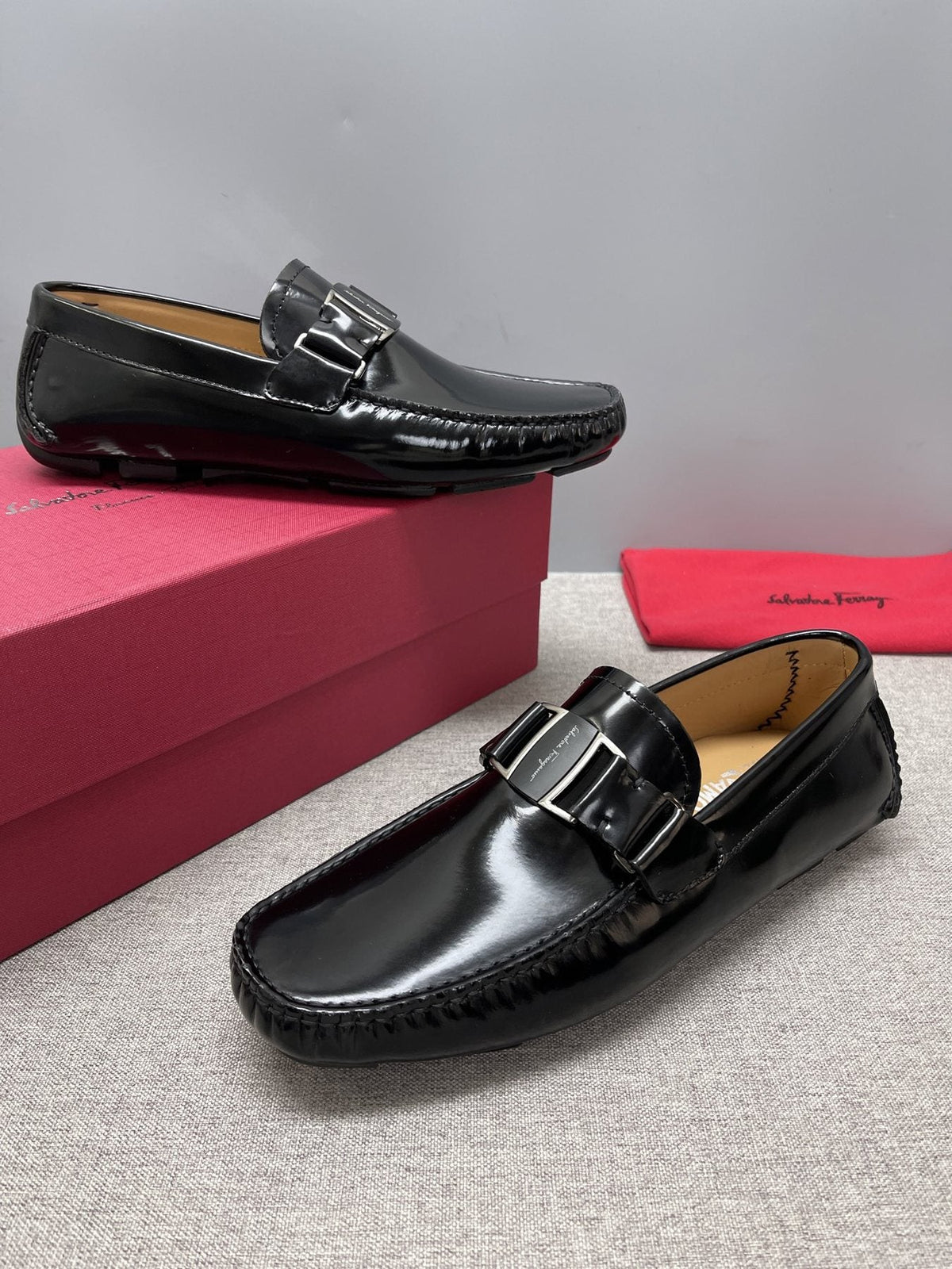 Ferragamo Black Buckle Driving Loafers — side