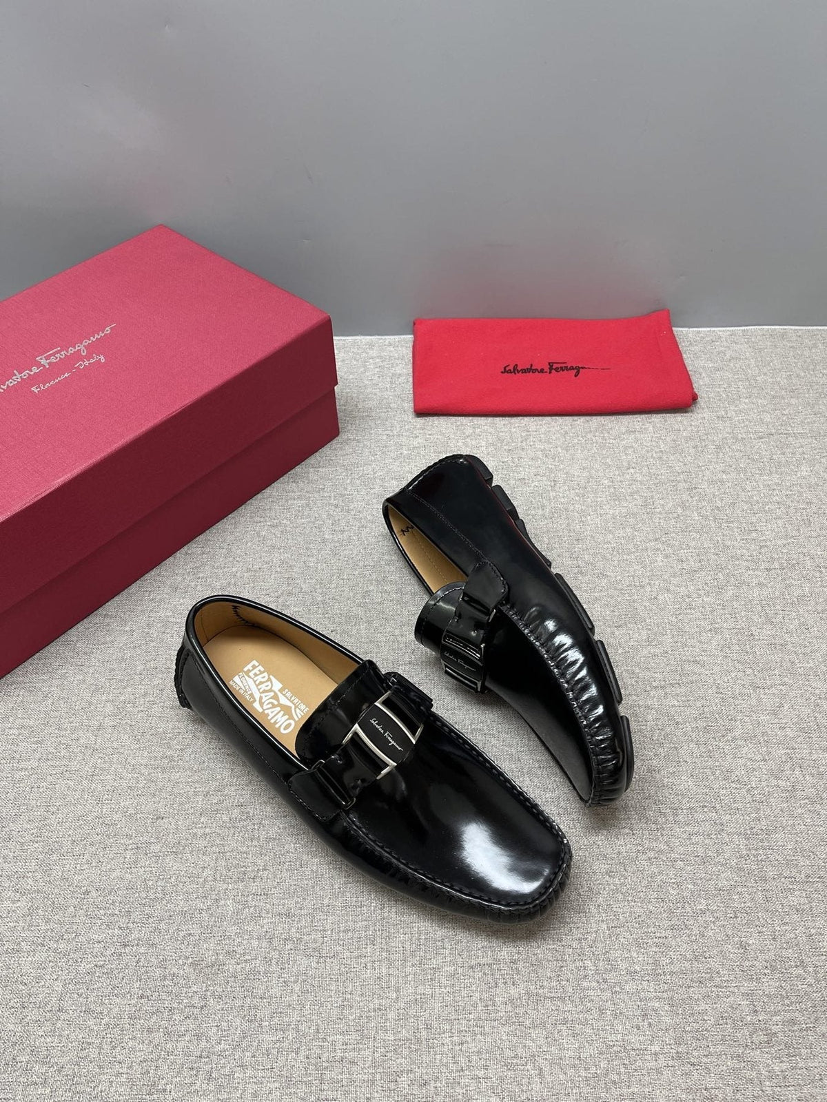 Ferragamo Black Buckle Driving Loafers — side