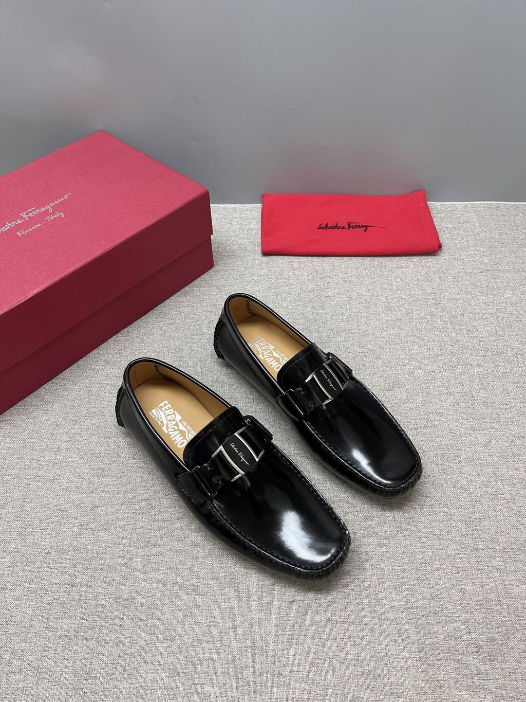 Ferragamo Black Buckle Driving Loafers — front