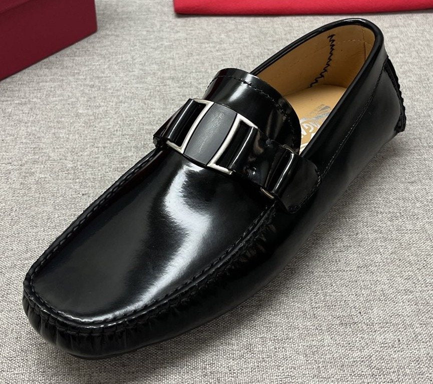 Ferragamo Black Buckle Driving Loafers — front