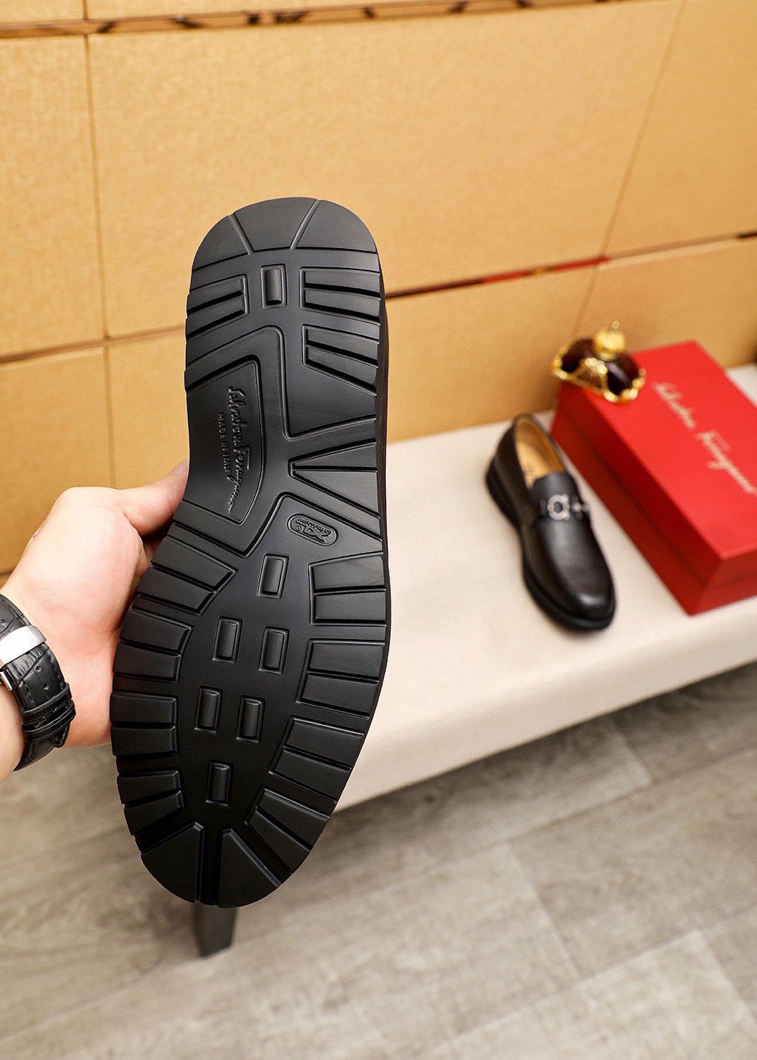Ferragamo Black Textured Bit Loafers — detail