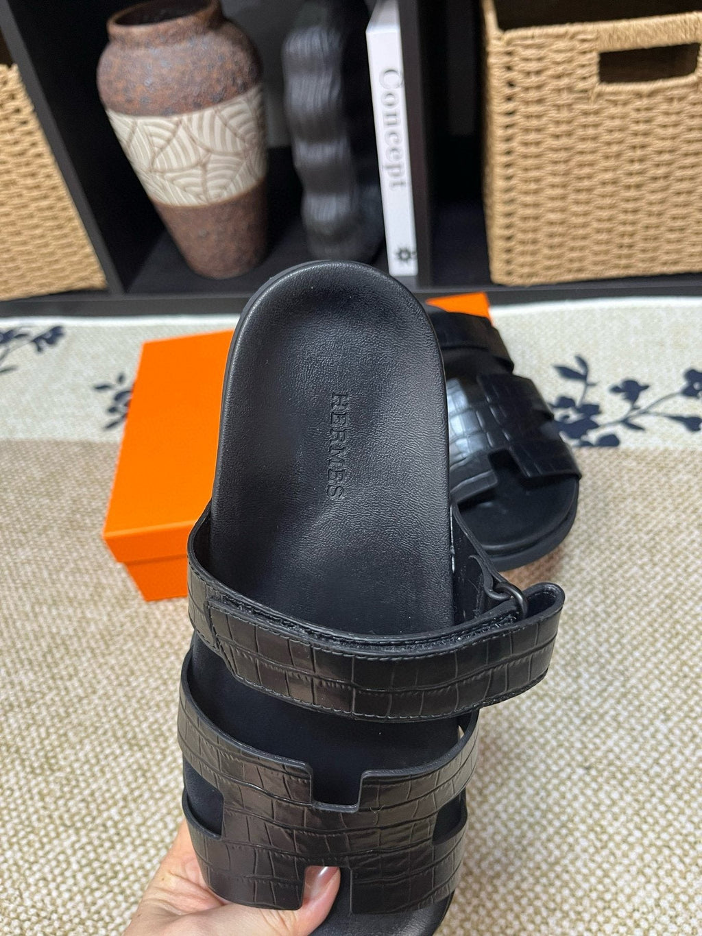 Hermes Kazimir Black Slide Sandals — back