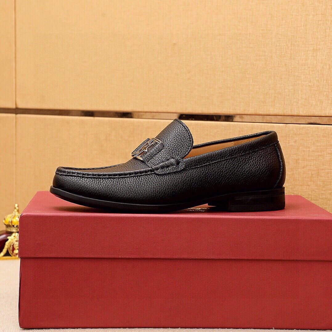 Ferragamo Black Pebbled Leather Loafers — side