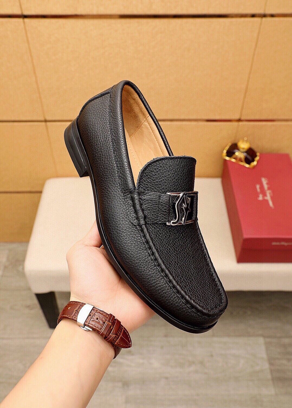 Ferragamo Black Pebbled Leather Loafers — model