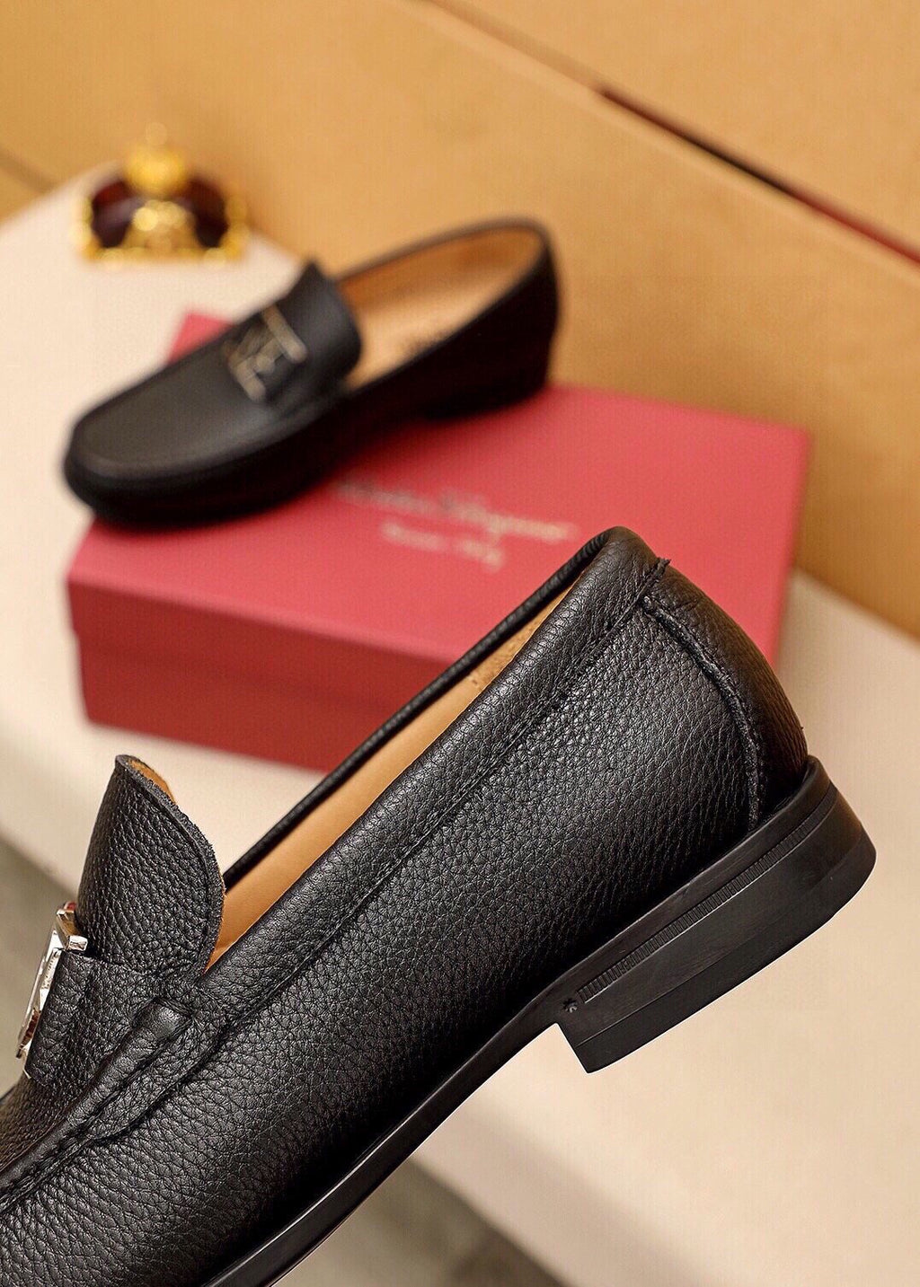 Ferragamo Black Pebbled Leather Loafers — detail