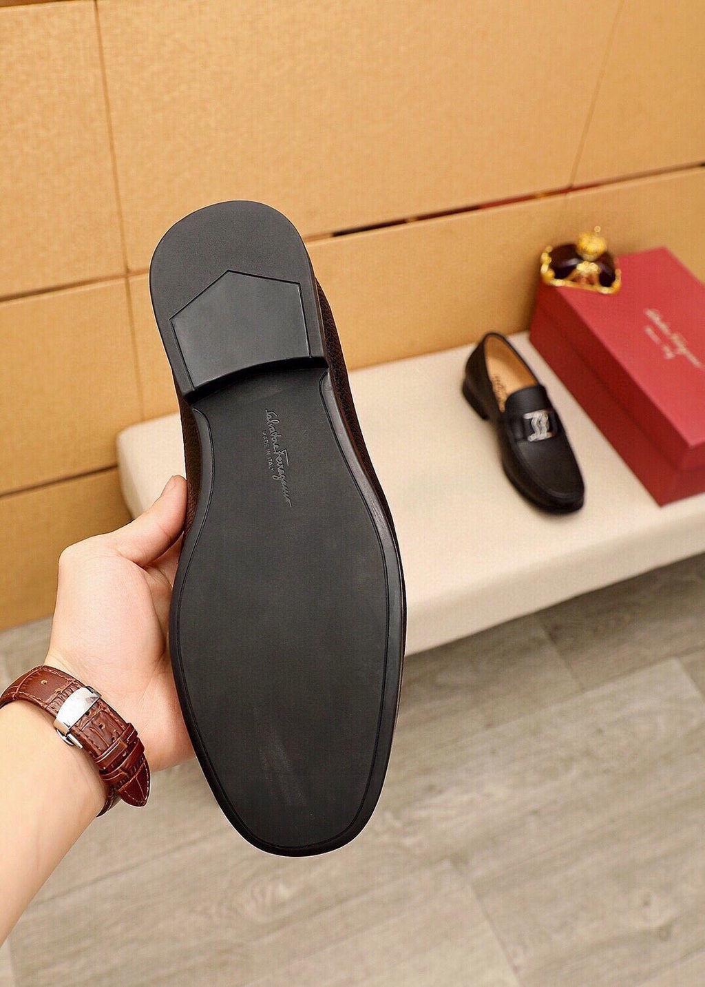 Ferragamo Black Pebbled Leather Loafers — detail
