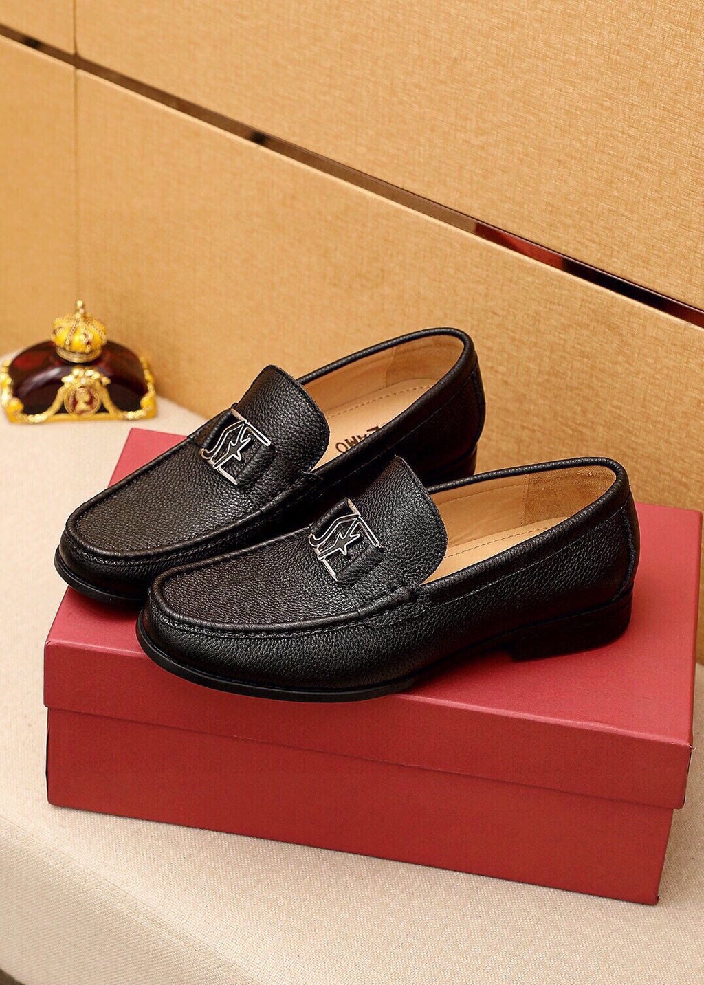 Ferragamo Black Pebbled Leather Loafers — front