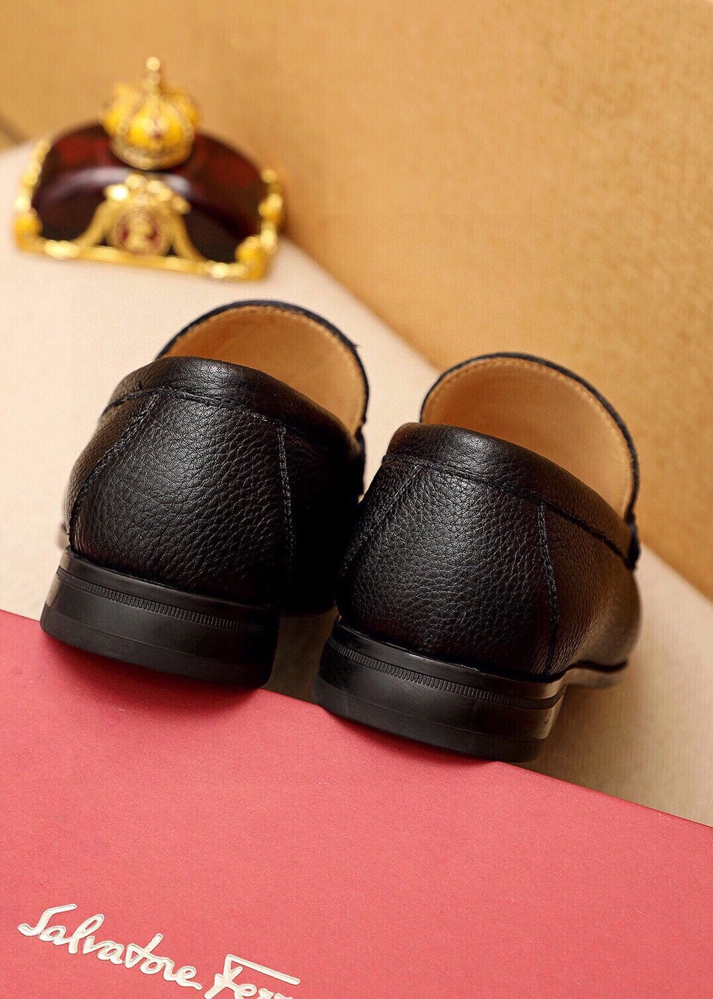 Ferragamo Black Pebbled Leather Loafers — back