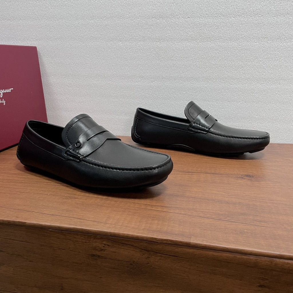 Ferragamo Black Leather Driving Shoes — side
