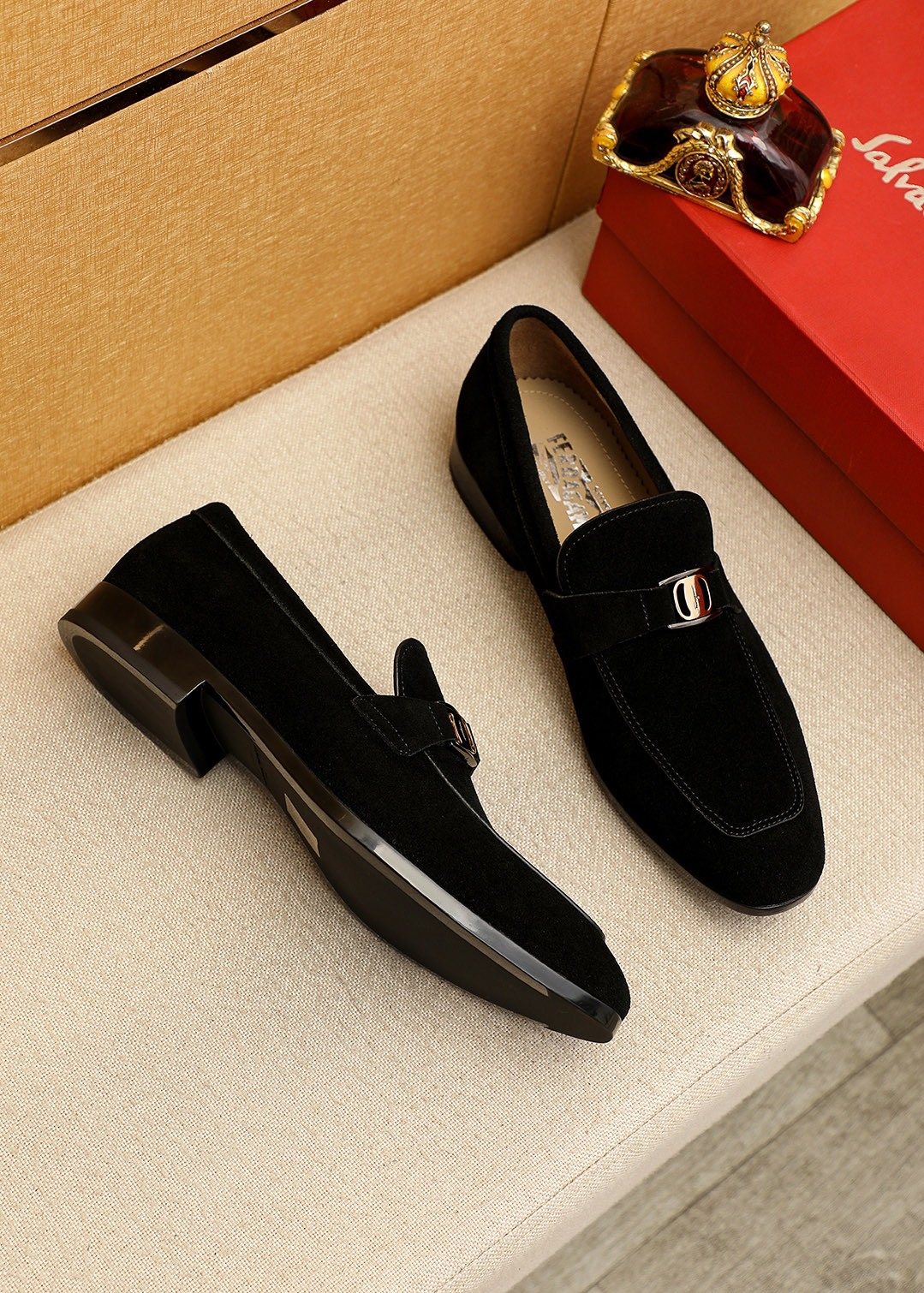 Ferragamo Black Buckle Slip-On Loafers — front