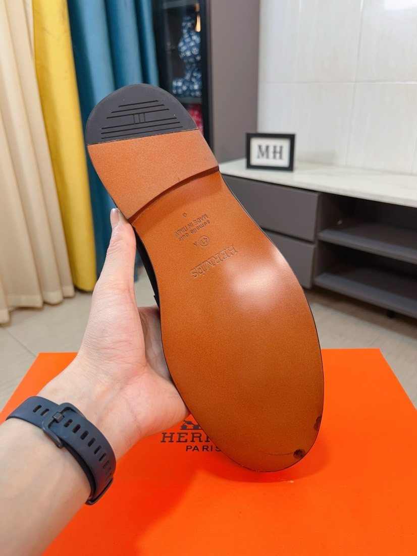 Hermès Black H-Hardware Loafers — detail