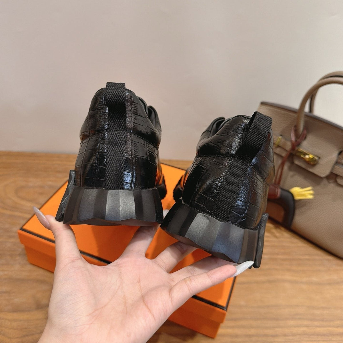Hermès Black Textured Low-Top Sneakers — back