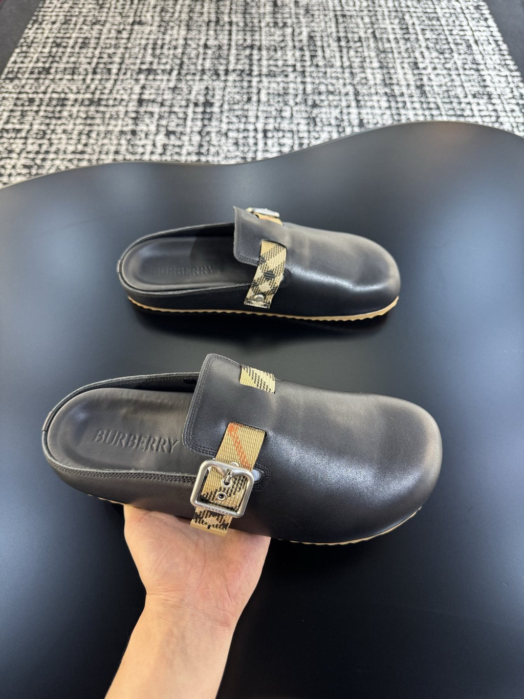 Burberry Black Plaid Buckle Mule Sandals — model