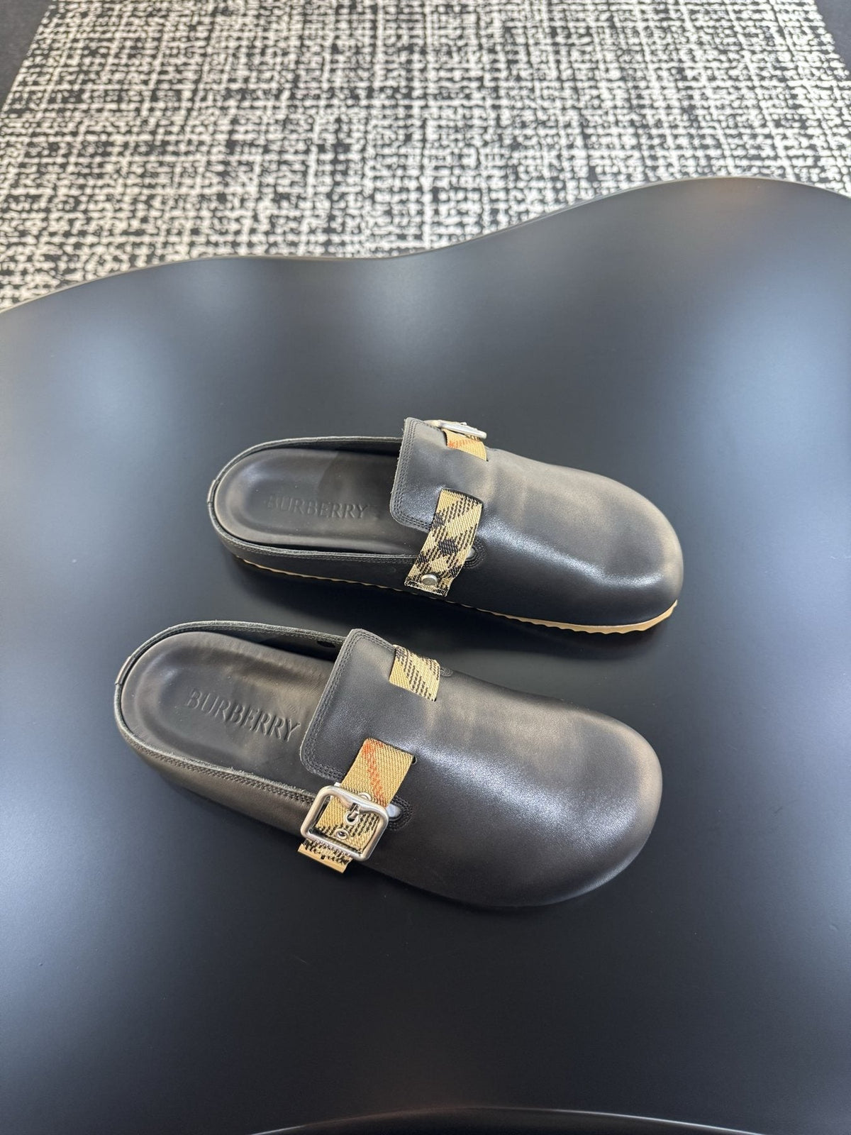 Burberry Black Plaid Buckle Mule Sandals — side