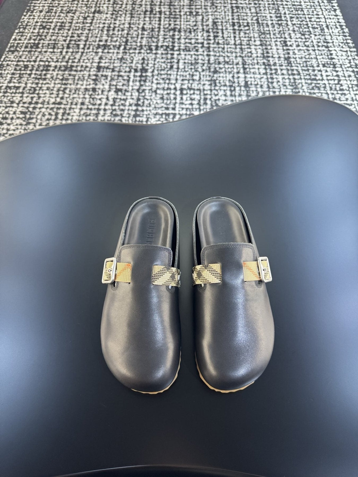 Burberry Black Plaid Buckle Mule Sandals — front
