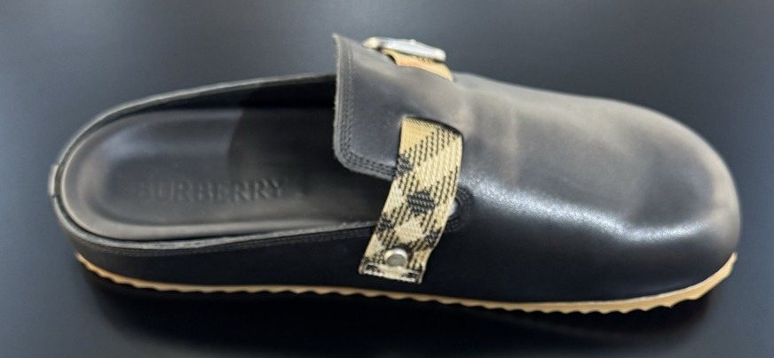 Burberry Black Plaid Buckle Mule Sandals — front