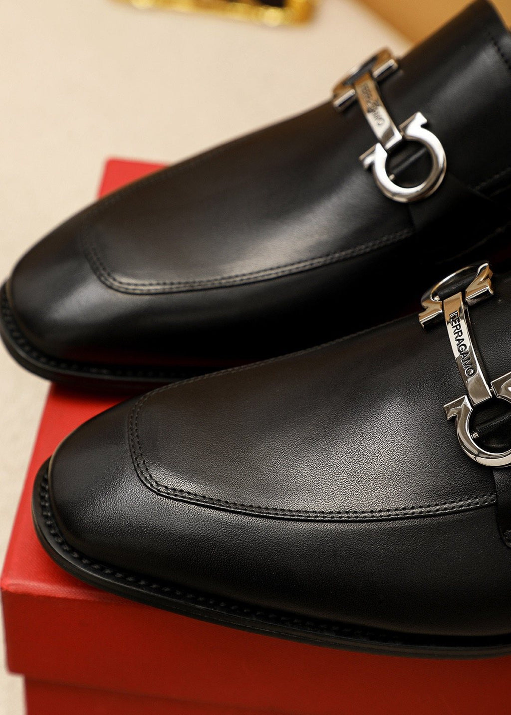 Ferragamo Black Leather Bit Loafers — detail