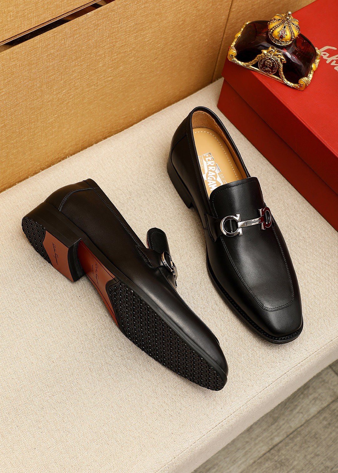 Ferragamo Black Leather Bit Loafers — front