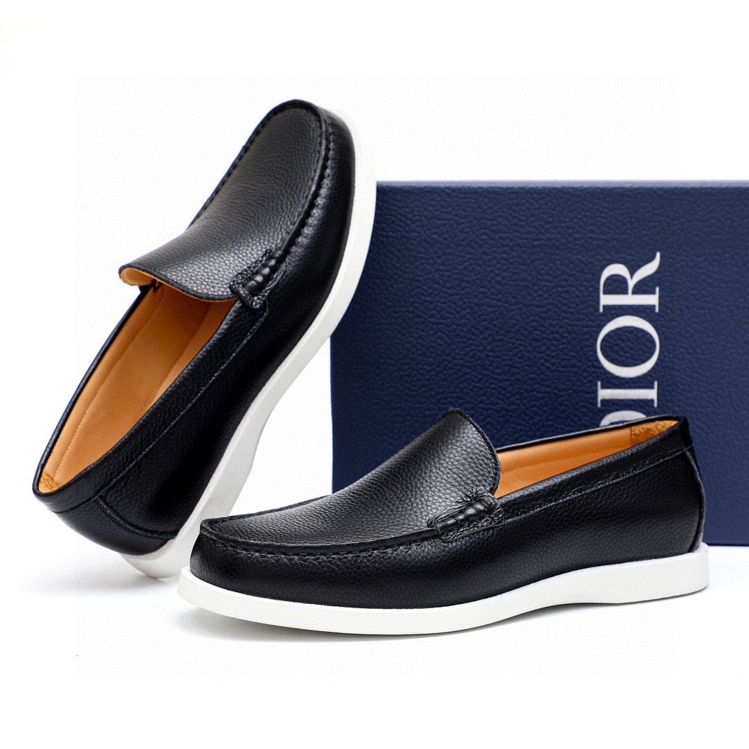 Dior Black Textured Leather Slip-On Loafers — front