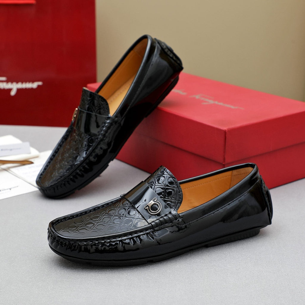 Ferragamo Black Metal-Strap Loafers — front
