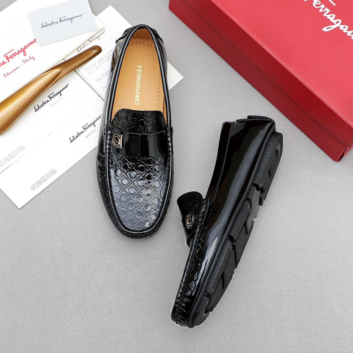 Ferragamo Black Metal-Strap Loafers — front