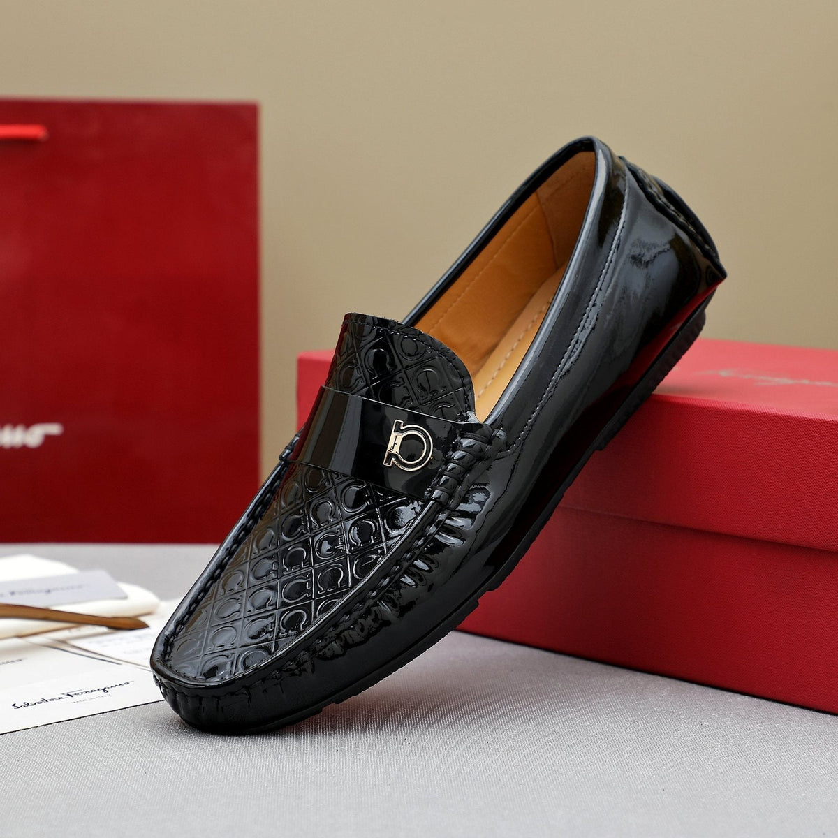 Ferragamo Black Metal-Strap Loafers — side
