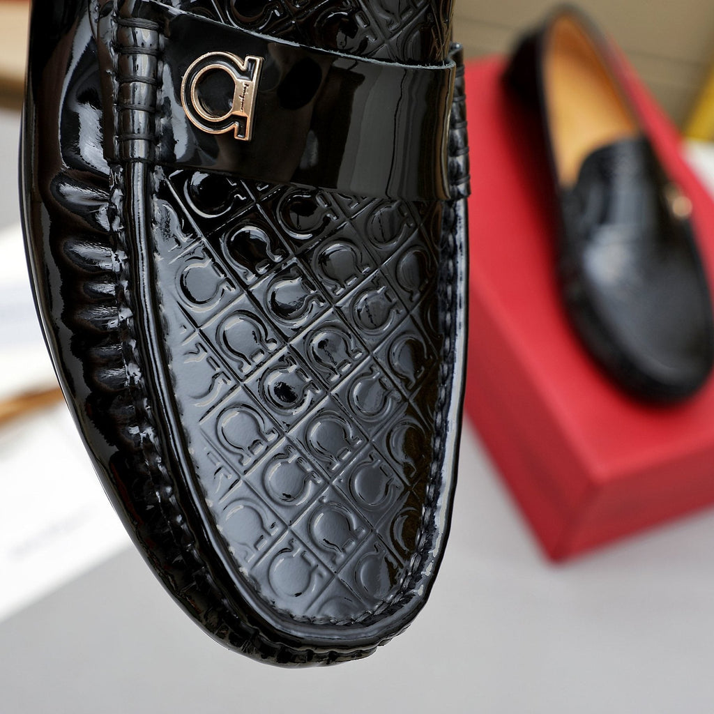 Ferragamo Black Metal-Strap Loafers — detail