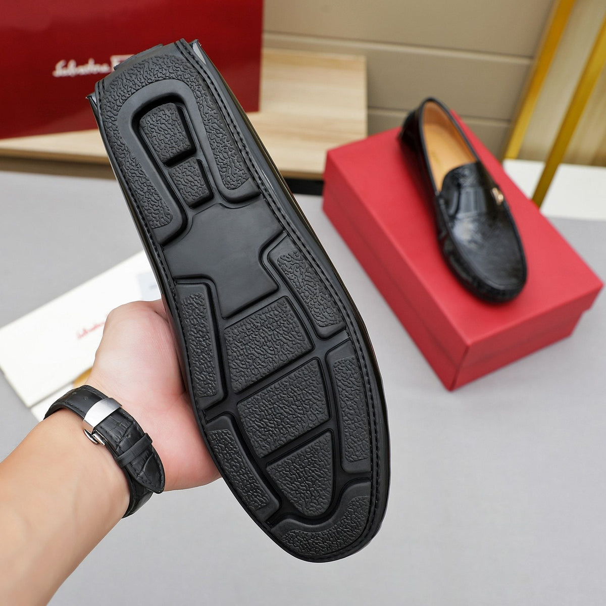 Ferragamo Black Metal-Strap Loafers — back