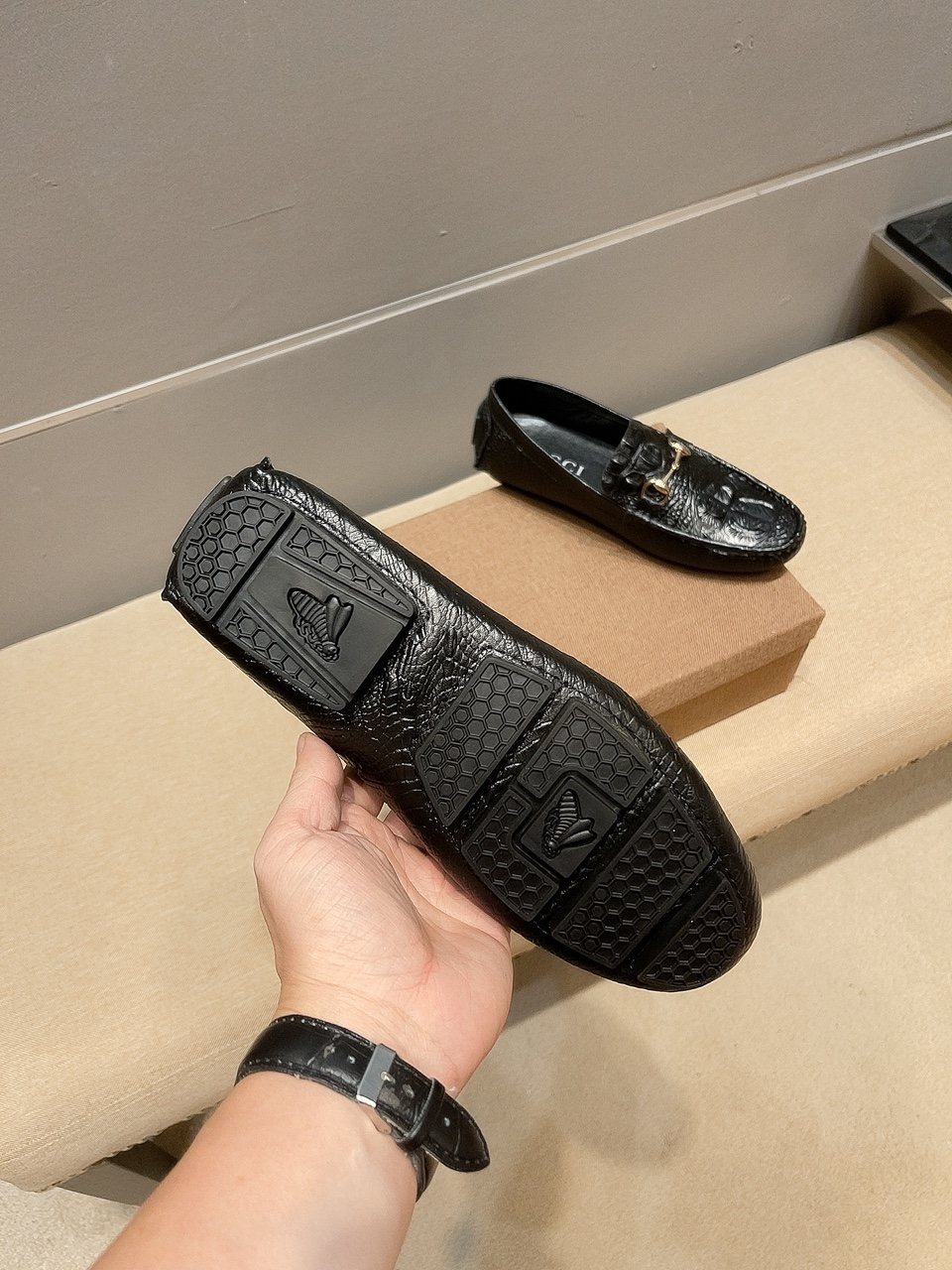 Gucci Black Textured Bit Driving Loafers — back