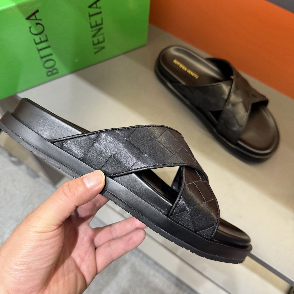 Bottega Veneta Black Woven Slide Sandals — model