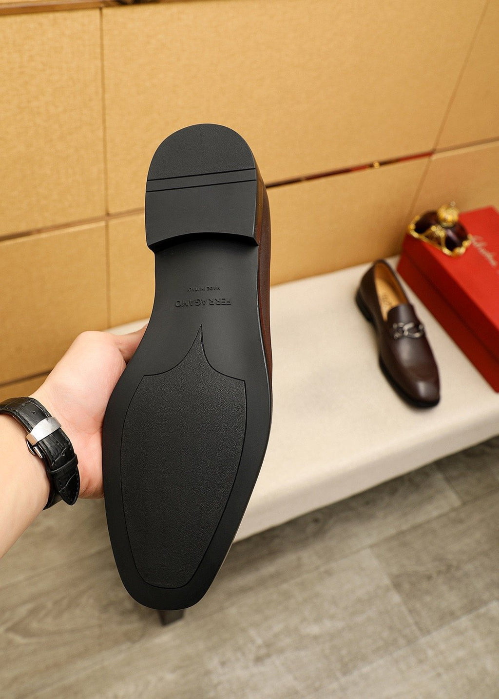 Ferragamo Brown Hardware Loafers — back