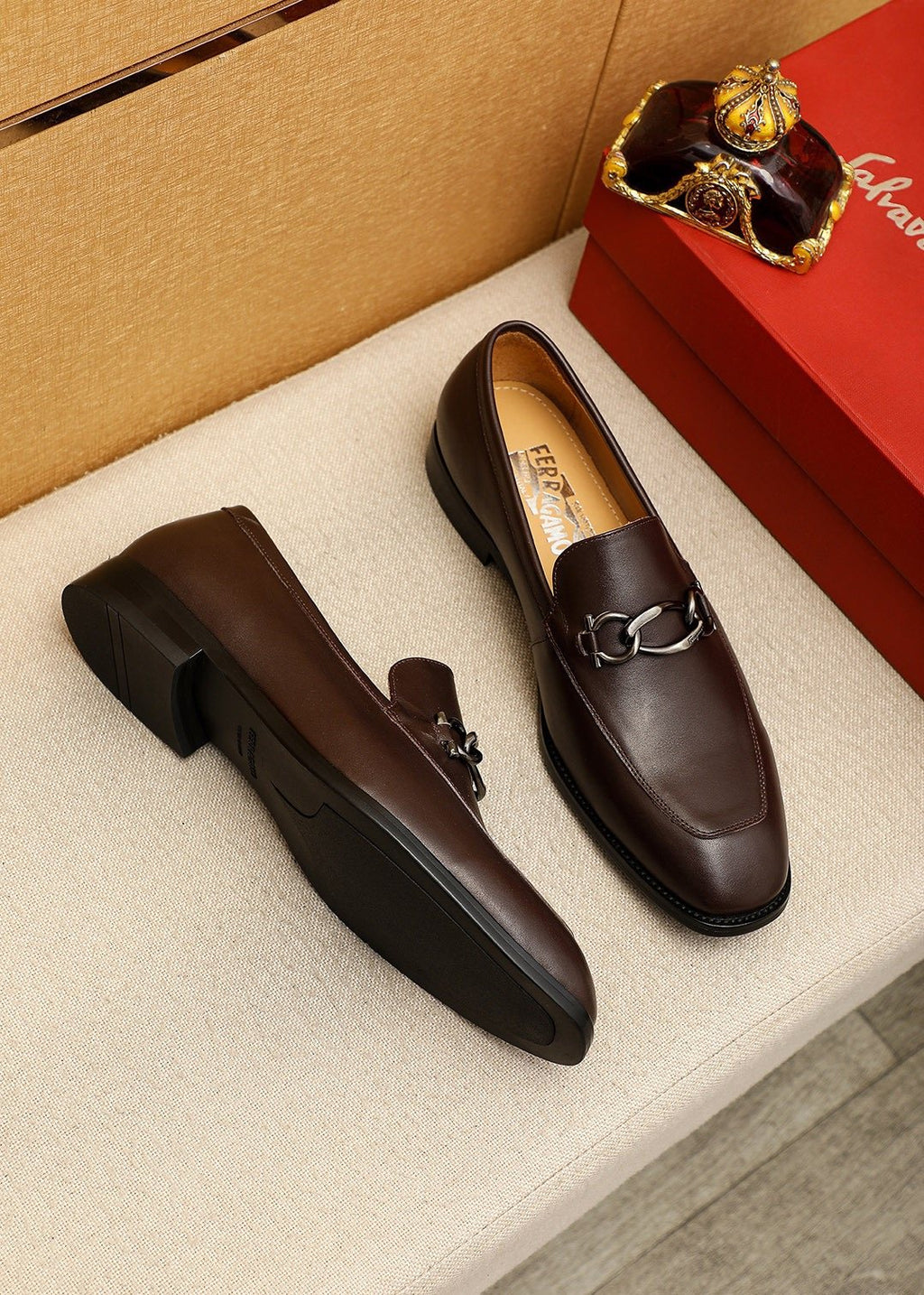 Ferragamo Brown Hardware Loafers — front