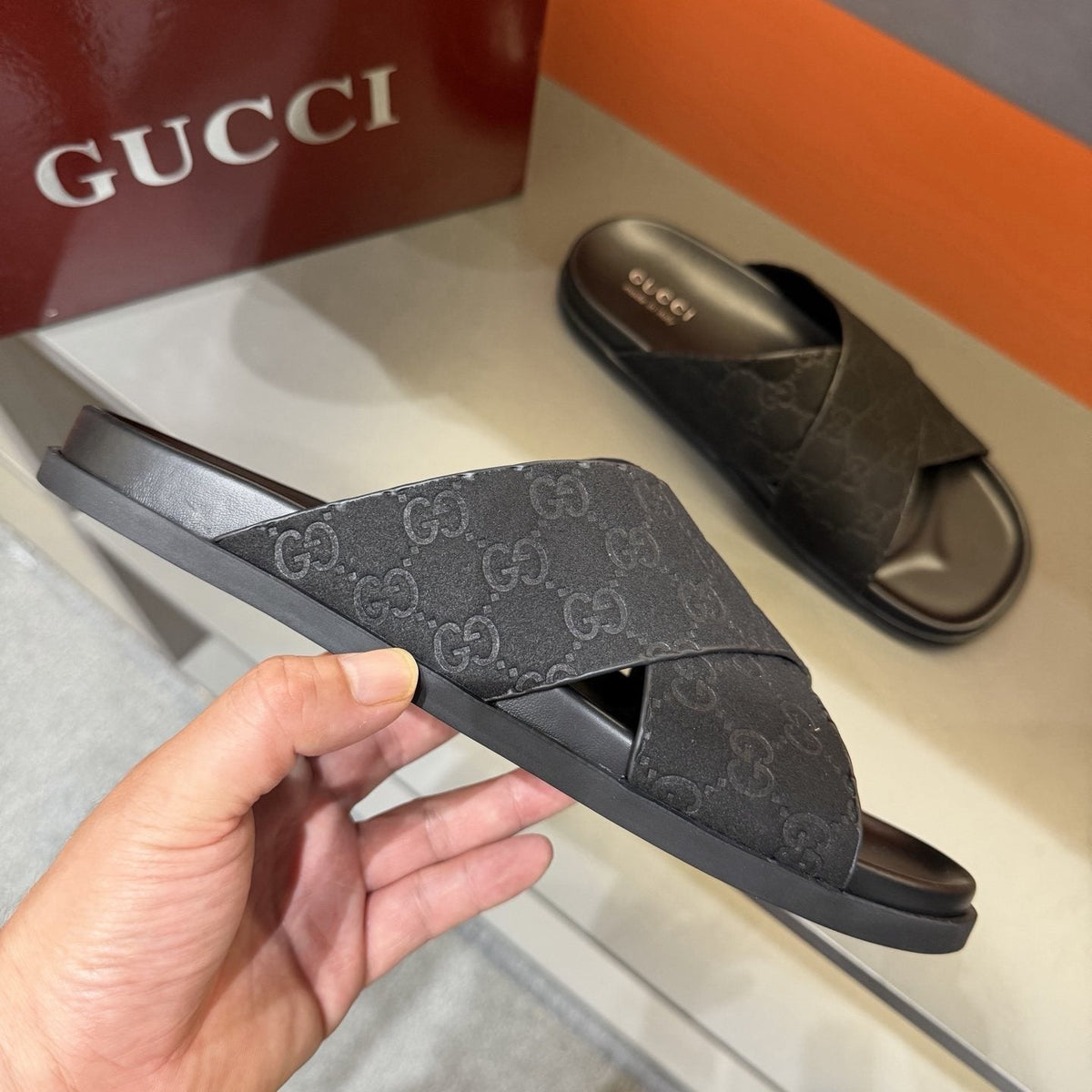 Gucci Black Crisscross Strap Slide Sandals — side